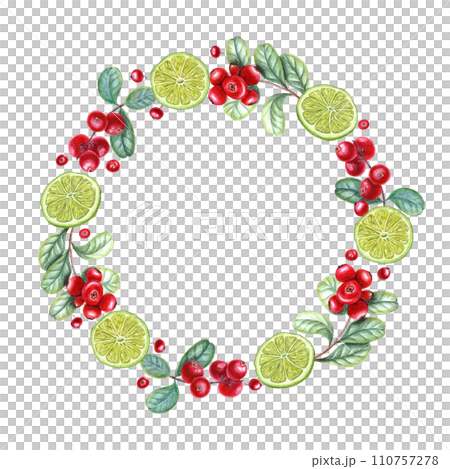 Wreath with lime slices, cowberries. Citrus, red berries, green leaves. Tropical fruit and forest berry. Watercolor illustration for label, greetings. Rectangle frame with pace for text. 110757278