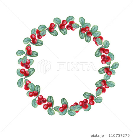 Wreath of ripe, juicy cowberries. Forest red berries with green leaves. Watercolor illustration with space for text. For postcard design, invitation template, birthday cards 110757279