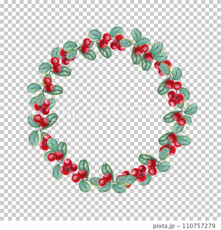 Wreath of ripe, juicy cowberries. Forest red berries with green leaves. Watercolor illustration with space for text. For postcard design, invitation template, birthday cards 110757279