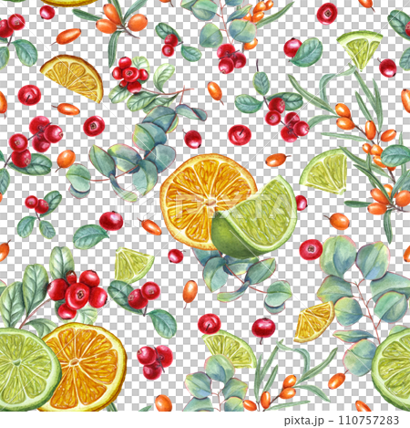 Bright seamless pattern with berries and fruits. Lime, orange slices, sea buckthorn, lingonberry, eucalyptus branch. Watercolor illustration for wrapping, poster, cosmetic design Bright seamless pattern with berries and fruits. Lime, orange slices, sea buckthorn, lingonberry, eucalyptus branch. Watercolor illustration for wrapping, poster, cosmetic design 110757283