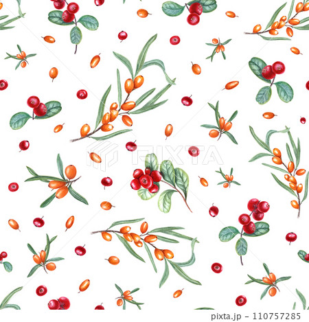 Watercolor seamless pattern of sea buckthorn branches and cowberries. Botanical illustration with orange, red berries, green leaves. For room decor, package, textile design 110757285