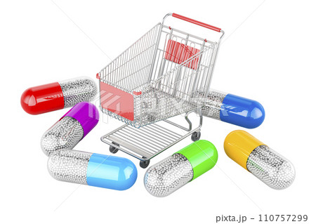Shopping cart with medicament capsules, 3D rendering 110757299