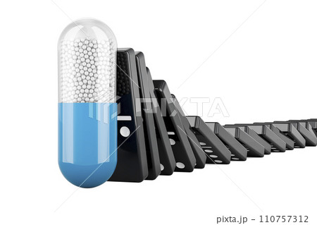 Capsule with drugs stop domino effect, 3D rendering Capsule with drugs stop domino effect, 3D rendering 110757312