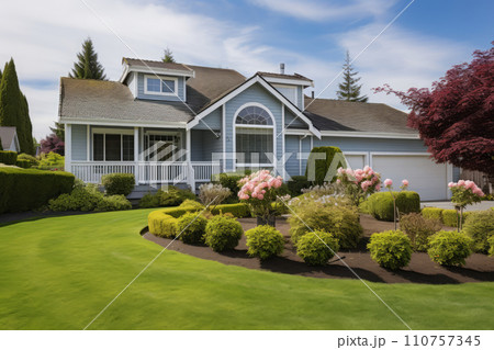 Luxury house with green lawn and backyard Luxury house with green lawn and backyard 110757345