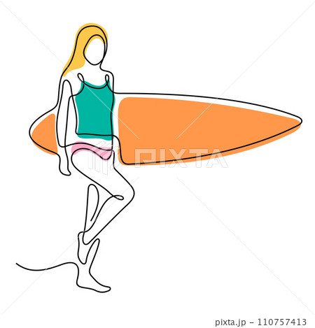 Surfer girl one line colourful vector illustration 110757413