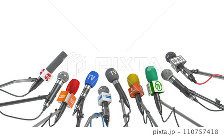 Microphones of different mass media isolated on white. Press conference or interview concept. 110757418