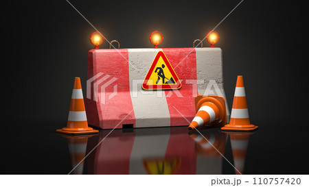 Under construction web site design. Road sign on barrier with traffic cones indicated reconstruction or rebuilding process. 110757420