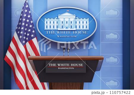 Briefing of president of US United States in White House. Podium speaker tribune with USA flags and sign of White House. Politics, president election concept. 110757422