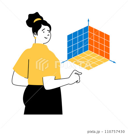 Virtual reality concept with cartoon people in flat design for web. Woman interacting with cube object in three-dimensional projection. Vector illustration for social media banner, marketing material. Virtual reality concept with cartoon people in flat design for web. Woman interacting with cube object in three-dimensional projection. Vector illustration for social media banner, marketing material. 110757430