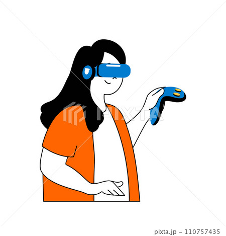Virtual reality concept with cartoon people in flat design for web. Woman in VR headset and controllers playing online video games. Vector illustration for social media banner, marketing material. 110757435