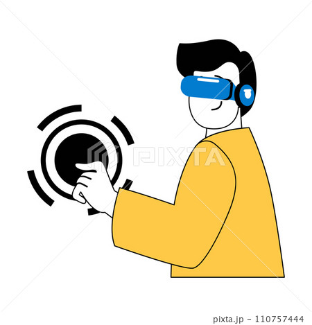 Virtual reality concept with cartoon people in flat design for web. Man in VR headset doing click gesture and push to interface. Vector illustration for social media banner, marketing material. Virtual reality concept with cartoon people in flat design for web. Man in VR headset doing click gesture and push to interface. Vector illustration for social media banner, marketing material. 110757444