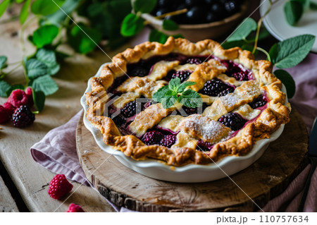 Homemade sweet blackberry pie made of fresh fruits. Generative AI 110757634