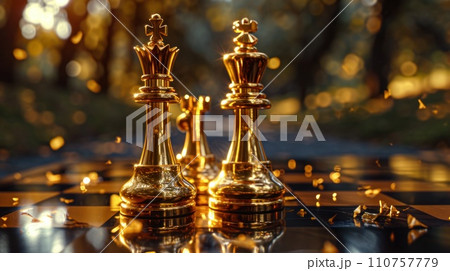 two golden chess pieces seated 110757779