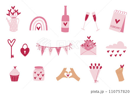 A set of Saint Valentines Day design elements. Love letter, wine, drinking glasses, calendar, padlock, key, hands holding hearts. 110757820