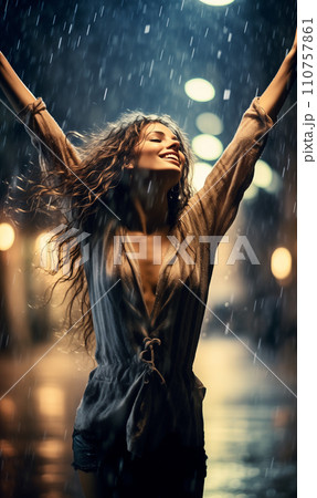 Happy long hair girl enjoying the rain drops on the street at night. 110757861