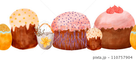 Seamless border with spring Easter, Easter cakes with icing, spring decor with eggs and flowers in watercolor. Watercolor border with Easter eggs Seamless border with spring Easter, Easter cakes with icing, spring decor with eggs and flowers in watercolor. Watercolor border with Easter eggs 110757904