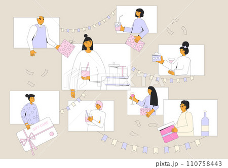 Party online. Celebrate an important date together from afar. Anniversary remote. Call family holiday event. Congratulation for young woman. Virtual friends meeting greeting card. 110758443