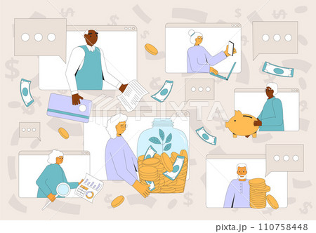 Retirement financial plans and literacy for older adults. Senior people with moneybox. Savings. Family budget. 110758448
