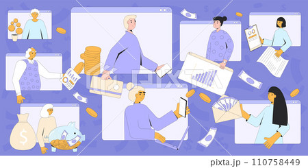 Financial literacy. Save money. People with . moneyboxes, capital elements and analysis symbol. Budgeting life. Vector illustration. 110758449