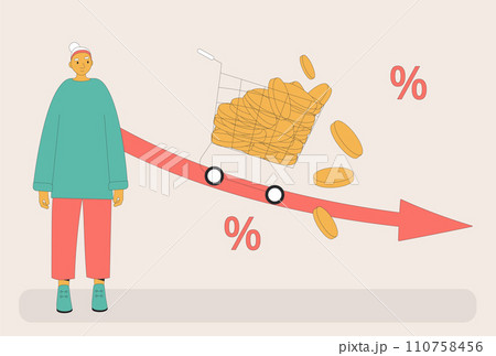 Inflation. elderly woman lost money. Investment fail. Economical finance crisis. Vector illustration Inflation. elderly woman lost money. Investment fail. Economical finance crisis. Vector illustration 110758456