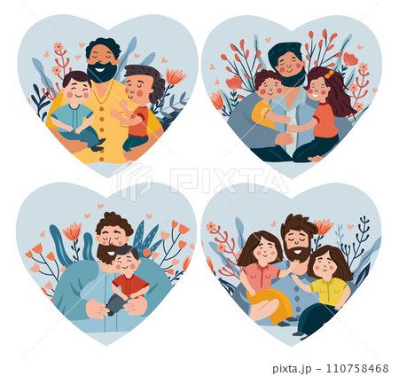 A series of Father's Day themed images showcasing fathers of bonding and adventure with their children. These illustrations capture the essence of fatherly love. Vector illustration 110758468