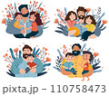 Happy Father's Day picture, a cheerful father hugs and cares for his children. The concept of parental love, care, raising children. Ideal for a postcard, poster. Vector 110758473