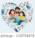 Happy Father's Day picture, a cheerful father hugs and cares for his children. The concept of parental love, care, raising children. Ideal for a postcard, poster. Vector 110758478