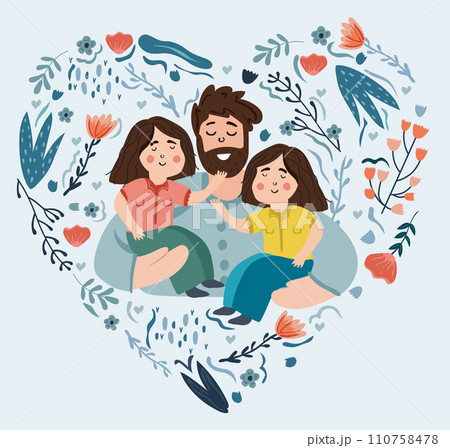 Happy Father's Day picture, a cheerful father hugs and cares for his children. The concept of parental love, care, raising children. Ideal for a postcard, poster. Vector Happy Father's Day picture, a cheerful father hugs and cares for his children. The concept of parental love, care, raising children. Ideal for a postcard, poster. Vector 110758478