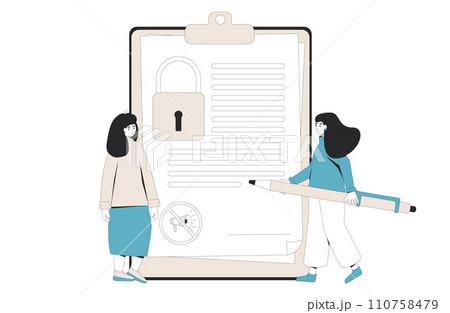 NDA concept. Non disclosure agreement. Confidentiality contract between employee and employer. Woman signing business confidentiality paper. 110758479