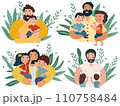 A series of Father's Day themed images showcasing fathers of bonding and adventure with their children. These illustrations capture the essence of fatherly love. Vector illustration 110758484
