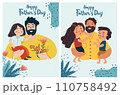 A series of Father's Day themed images showcasing fathers of bonding and adventure with their children. These illustrations capture the essence of fatherly love. Vector illustration 110758492
