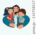 Happy Father's Day picture, a cheerful father hugs and cares for his children. The concept of parental love, care, raising children. Ideal for a postcard, poster. Vector 110758517