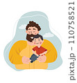 Happy Father's Day picture, a cheerful father hugs and cares for his children. The concept of parental love, care, raising children. Ideal for a postcard, poster. Vector 110758521
