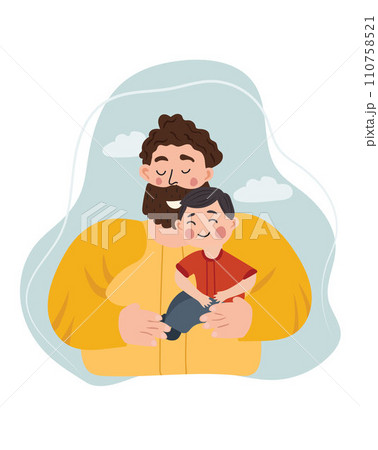 Happy Father's Day picture, a cheerful father hugs and cares for his children. The concept of parental love, care, raising children. Ideal for a postcard, poster. Vector 110758521