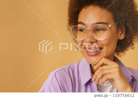 Happy woman with new eyeglasses to fix poor eyesight 110758612