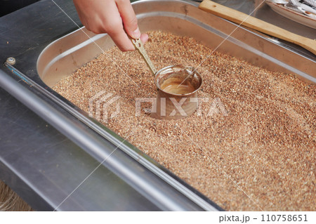 top view of making traditional turkish coffee on sand top view of making traditional turkish coffee on sand 110758651