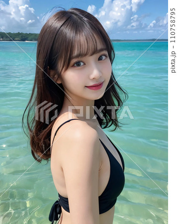 海で水着姿で微笑む港区女子「AI生成画像」 海で水着姿で微笑む港区女子「AI生成画像」 110758795