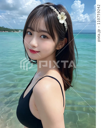 海で水着姿で微笑む港区女子「AI生成画像」 110759242