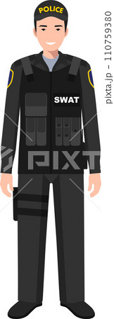 Standing SWAT Policeman Officer in Traditional Uniform Character Icon in Flat Style. Vector Illustration. 110759380