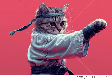 Karate fighter cat in a white kimono with a black belt and headband gets ready to fight isolated on pink background Karate fighter cat in a white kimono with a black belt and headband gets ready to fight isolated on pink background 110759637