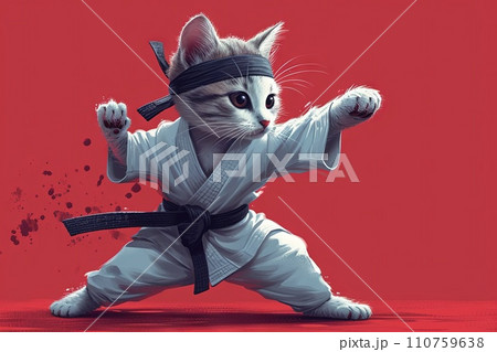 Karate fighter cat in a white kimono with a black belt and headband gets ready to fight isolated on pink background Karate fighter cat in a white kimono with a black belt and headband gets ready to fight isolated on pink background 110759638