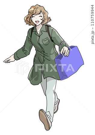 紙袋を肩にかけて走る女性 110759944