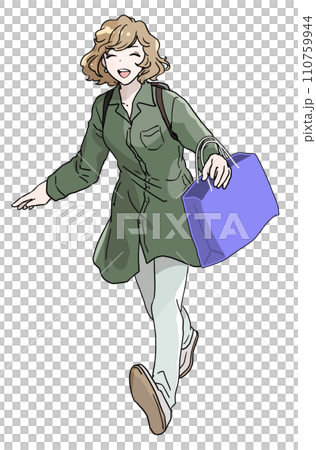 紙袋を肩にかけて走る女性 110759944