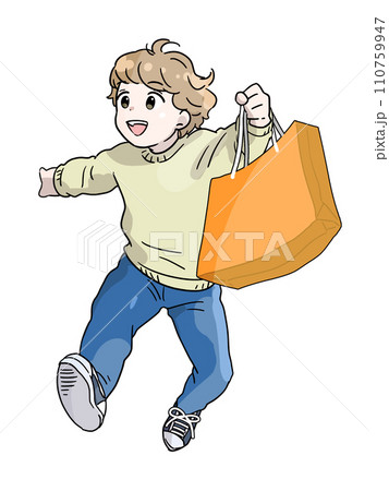 紙袋を持ってはしゃぐ少年 110759947