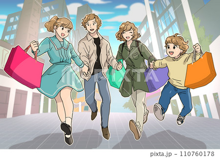 街で買い物をする家族のイメージ はしゃいでとびはねる家族連れ 街で買い物をする家族のイメージ はしゃいでとびはねる家族連れ 110760178