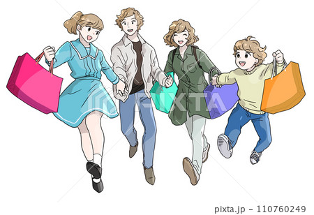 買い物をする家族のイメージ　はしゃいでとびはねる家族連れ 110760249