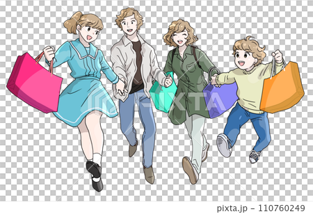 買い物をする家族のイメージ　はしゃいでとびはねる家族連れ 110760249