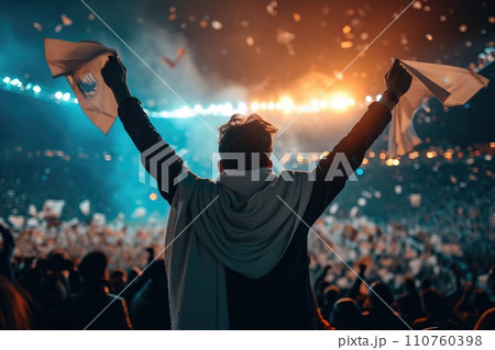 AI-generated content. Soccer fan or football fan with flag at cheering while winning match. Generative AI 110760398
