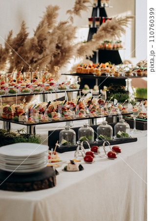 Assortment of delicious snacks on the open buffet festive table in restaurant. Catering plate 110760399