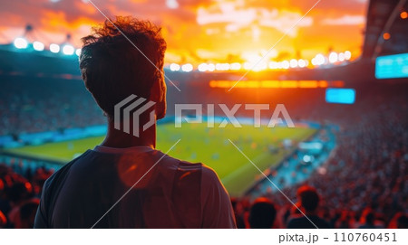 AI-generated content. Soccer fan or football fan with flag at cheering while winning match. Generative AI 110760451
